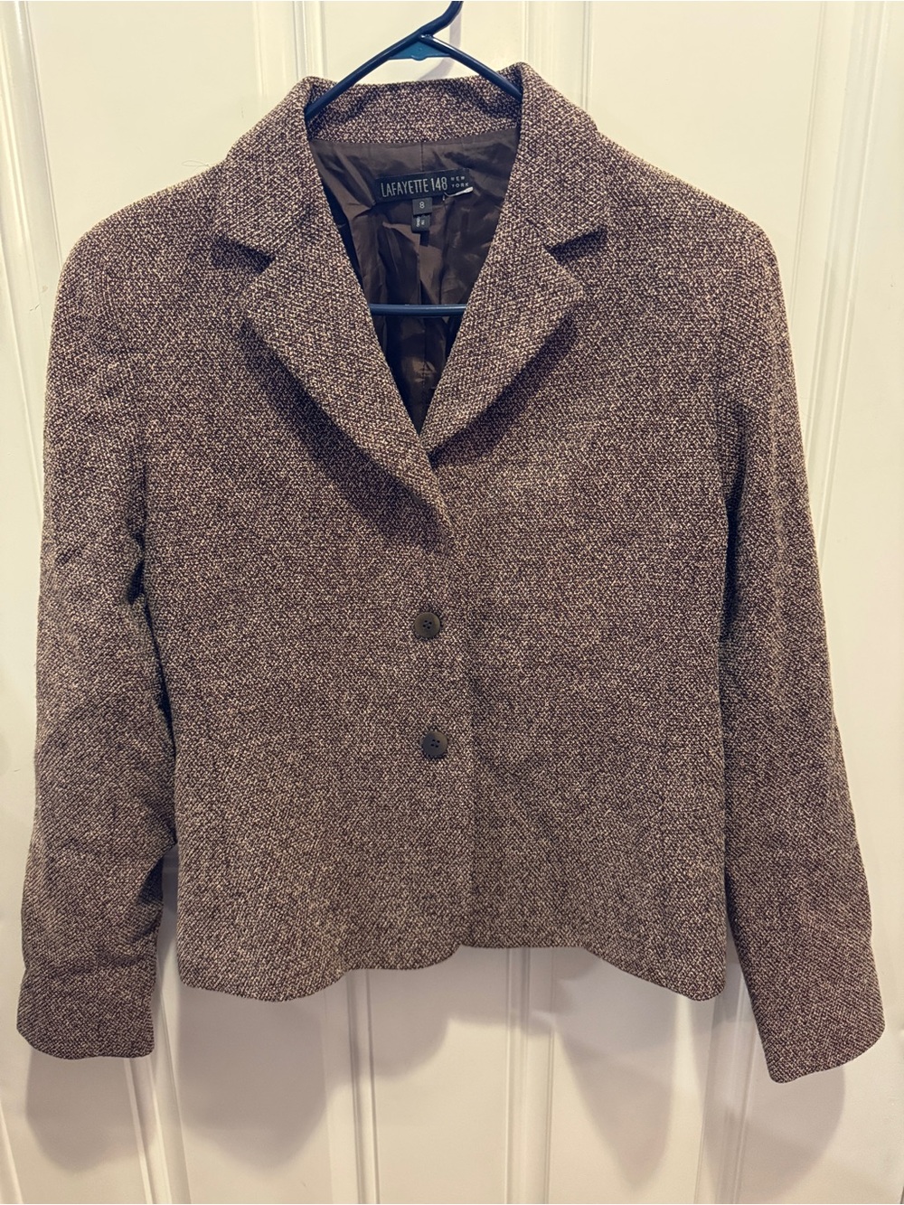 Lafayette 148 New York Brown Textured Tweed Button Cropped Blazer Wool Viscose